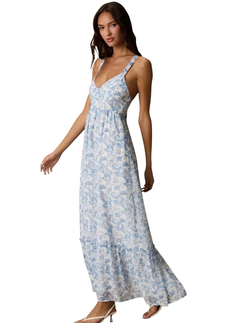 Lulus My Love Story Floral Print Tie-Back Maxi Dress Blue White Size Large Party